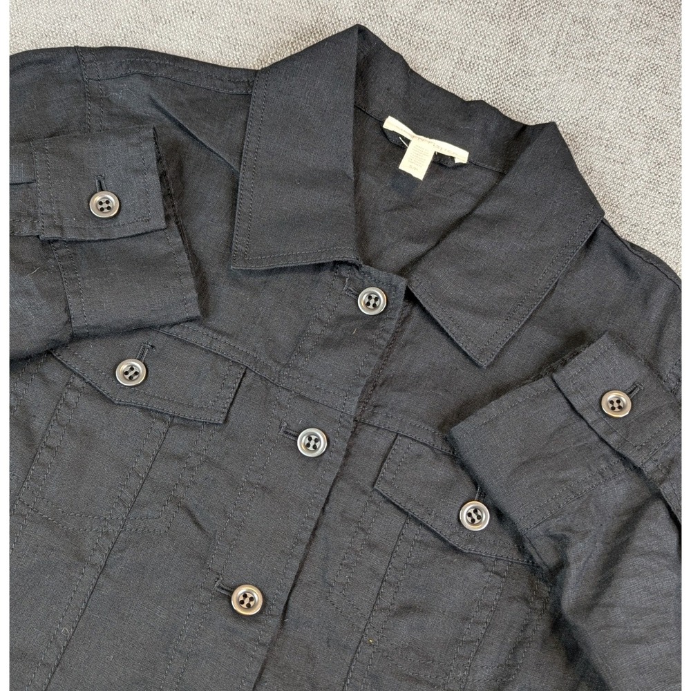 Eileen Fisher Linen Jacket Women S Black Button Front Utility Trucker Minimalist